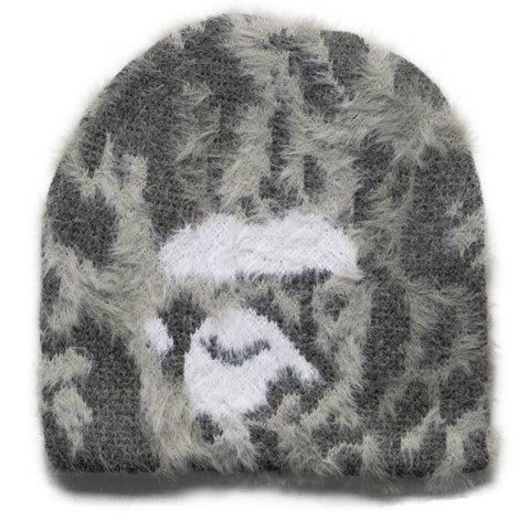 A Bathing Ape Wild Leopard Pattern Ape Face Knit Beanie - Gray