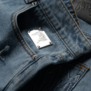 Revenge Spider Web Denim Shorts - Bleached Indigo