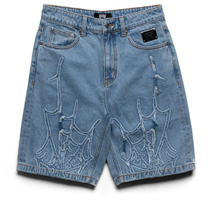 Revenge Spider Web Denim Shorts - Bleached Indigo