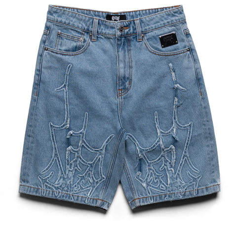 Revenge Spider Web Denim Shorts - Bleached Indigo