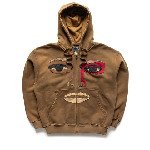 KidSuper Patchwork Face Heavyweight Zip Up Hoodie - Dark Brown