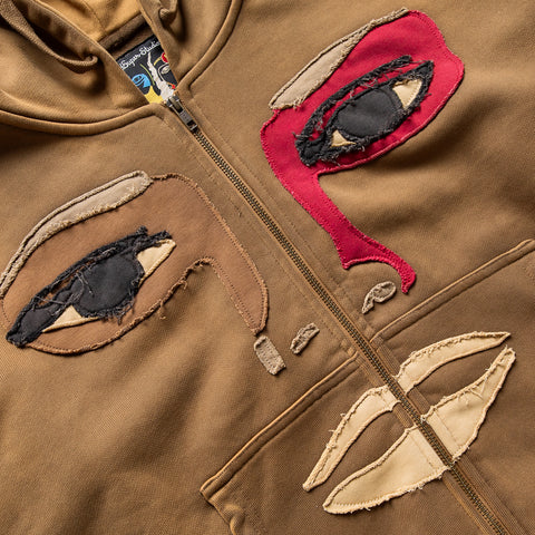 KidSuper Patchwork Face Heavyweight Zip Up Hoodie - Dark Brown