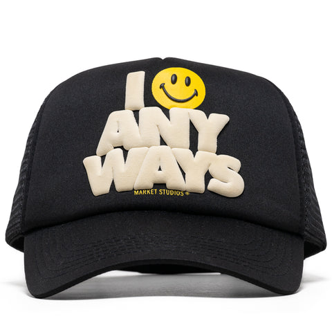 Market Smiley Smile Anyways Trucker Hat - Pirate Black
