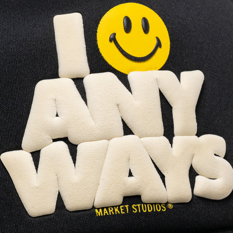 Market Smiley Smile Anyways Trucker Hat - Pirate Black