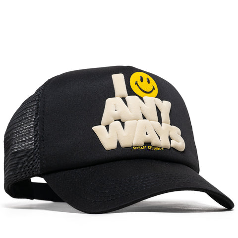 Market Smiley Smile Anyways Trucker Hat - Pirate Black