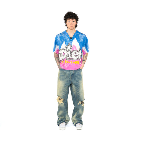 Diet Starts Monday Knievel Button Up Shirt - Blue/Pink