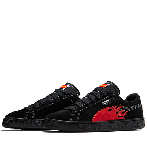 black and red suede pumas