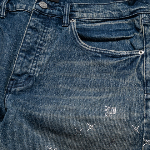 Purple Brand Mid Rise Slim Straight Leg Vintage Monogram Bling Jean - Mid Indigo